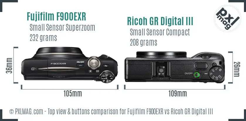 Fujifilm F900EXR vs Ricoh GR Digital III top view buttons comparison Fujifilm F900EXR vs Ricoh GR Digital III top view buttons comparison