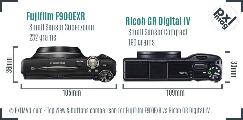 Fujifilm F900EXR vs Ricoh GR Digital IV top view buttons comparison