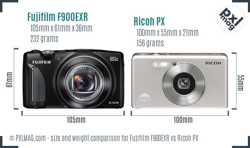 Fujifilm F900EXR vs Ricoh PX size comparison