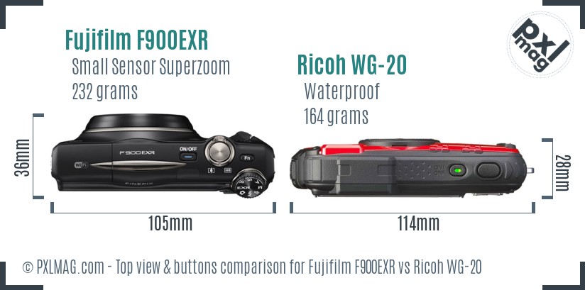 Fujifilm F900EXR vs Ricoh WG-20 top view buttons comparison