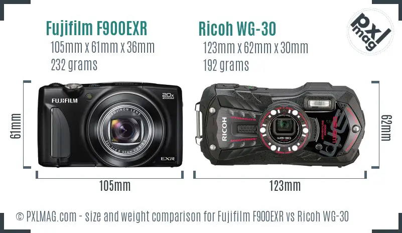 Fujifilm F900EXR vs Ricoh WG-30 size comparison Fujifilm F900EXR vs Ricoh WG-30 size comparison