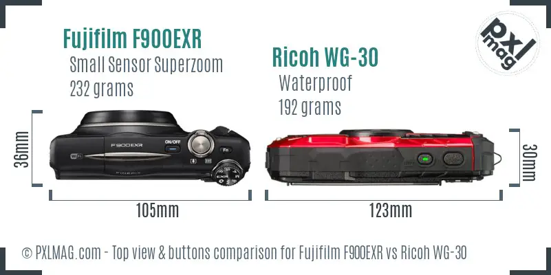 Fujifilm F900EXR vs Ricoh WG-30 top view buttons comparison Fujifilm F900EXR vs Ricoh WG-30 top view buttons comparison