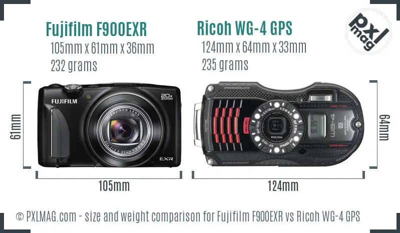 Fujifilm F900EXR vs Ricoh WG-4 GPS size comparison Fujifilm F900EXR vs Ricoh WG-4 GPS size comparison