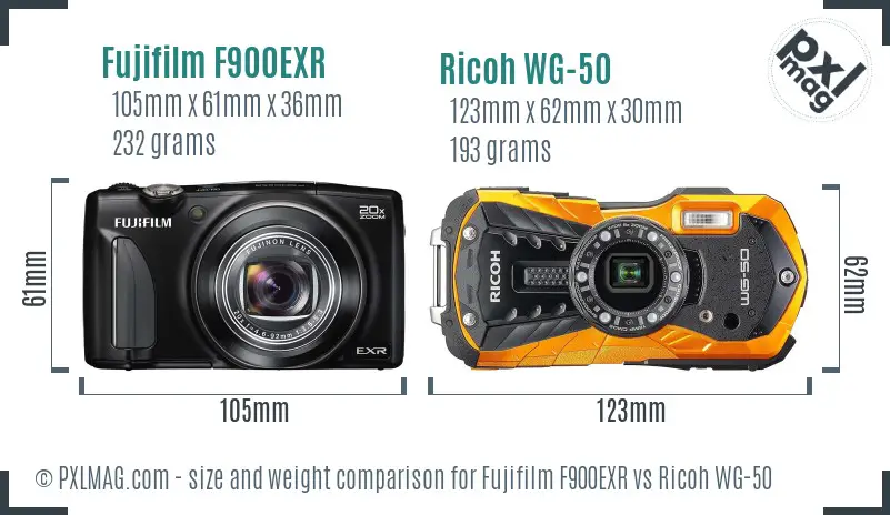 Fujifilm F900EXR vs Ricoh WG-50 size comparison