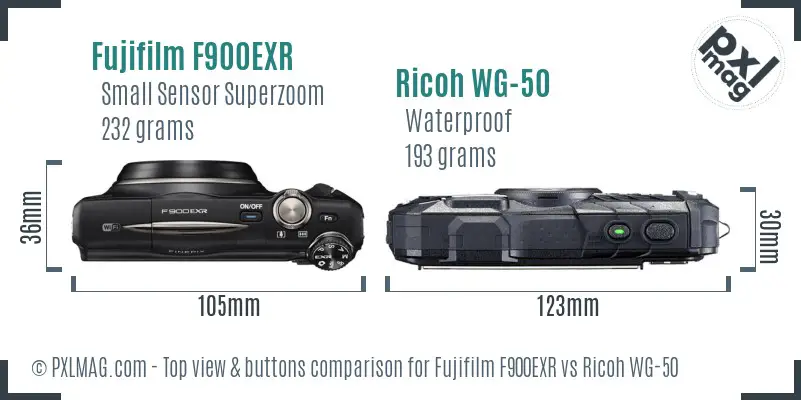 Fujifilm F900EXR vs Ricoh WG-50 top view buttons comparison