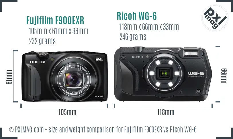 Fujifilm F900EXR vs Ricoh WG-6 size comparison