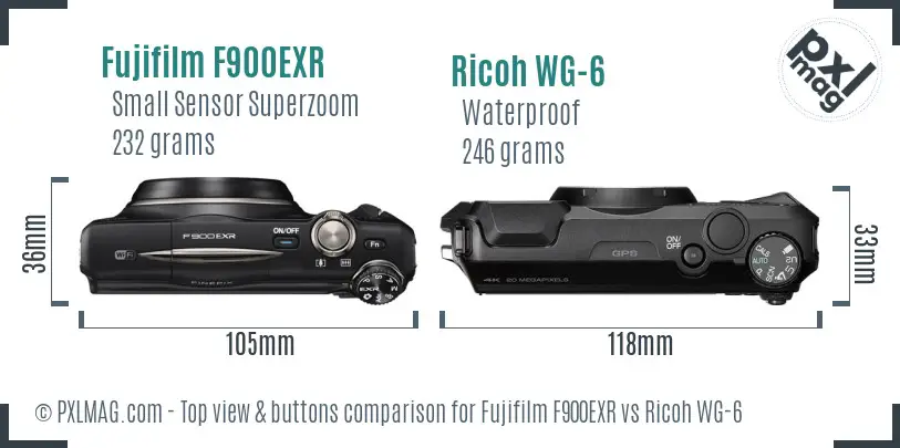 Fujifilm F900EXR vs Ricoh WG-6 top view buttons comparison