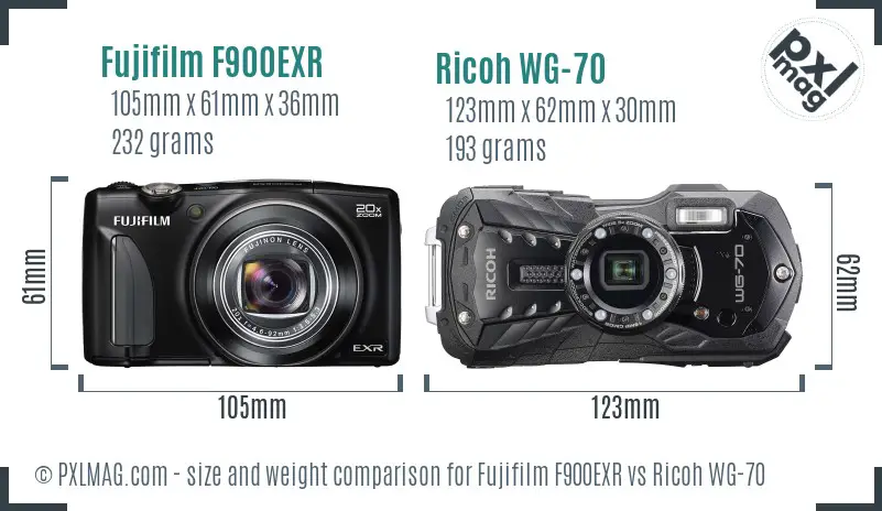 Fujifilm F900EXR vs Ricoh WG-70 size comparison