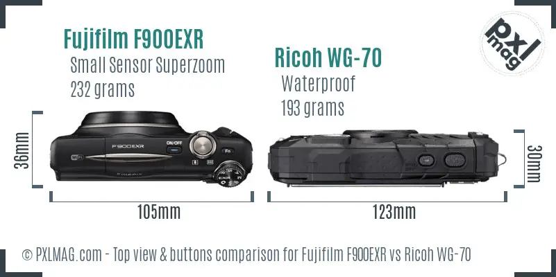 Fujifilm F900EXR vs Ricoh WG-70 top view buttons comparison