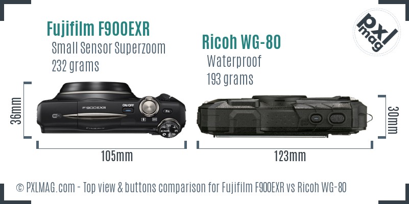 Fujifilm F900EXR vs Ricoh WG-80 top view buttons comparison