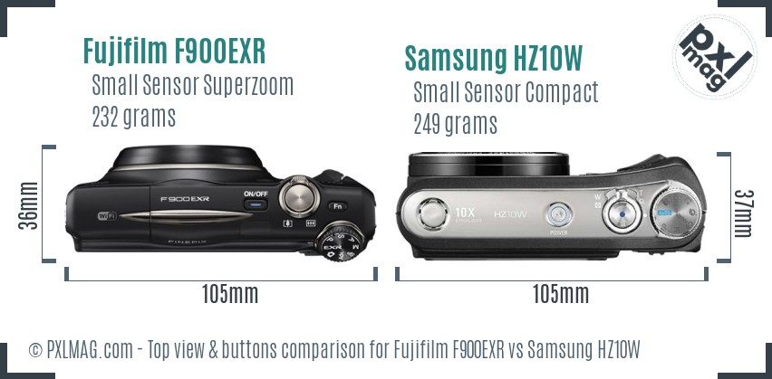 Fujifilm F900EXR vs Samsung HZ10W top view buttons comparison