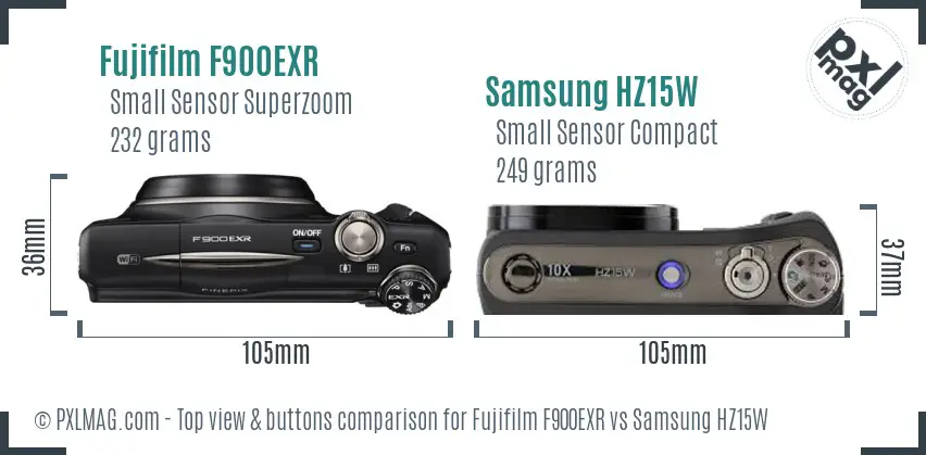 Fujifilm F900EXR vs Samsung HZ15W top view buttons comparison