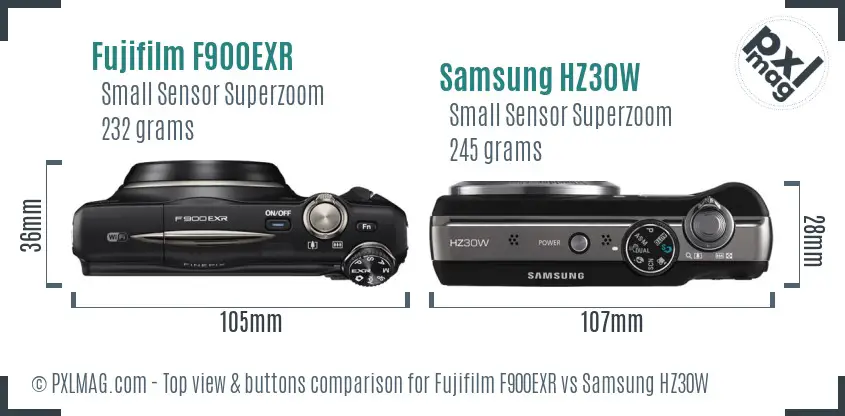 Fujifilm F900EXR vs Samsung HZ30W top view buttons comparison