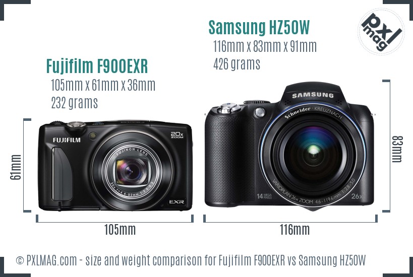 Fujifilm F900EXR vs Samsung HZ50W size comparison