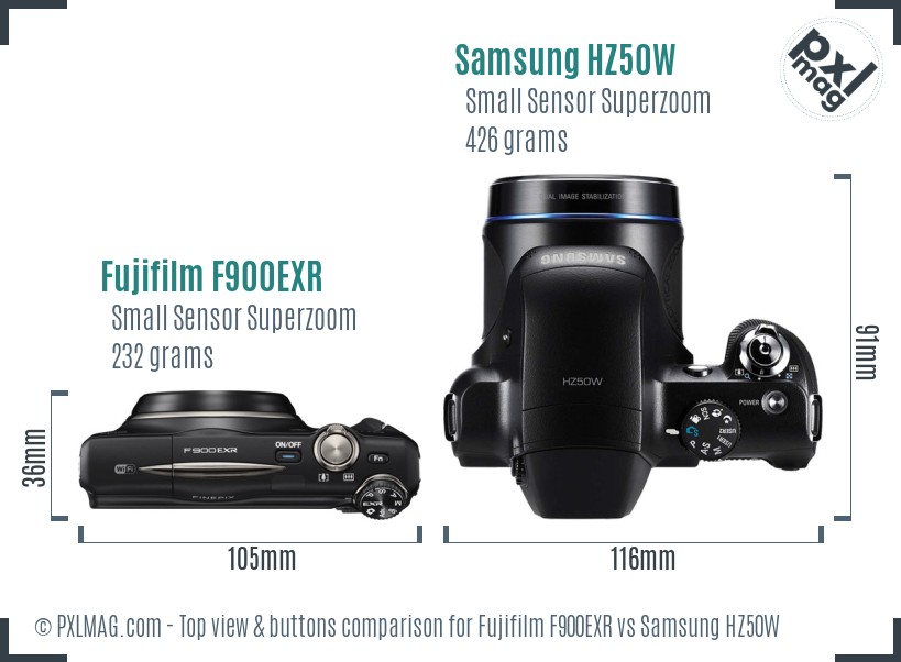 Fujifilm F900EXR vs Samsung HZ50W top view buttons comparison