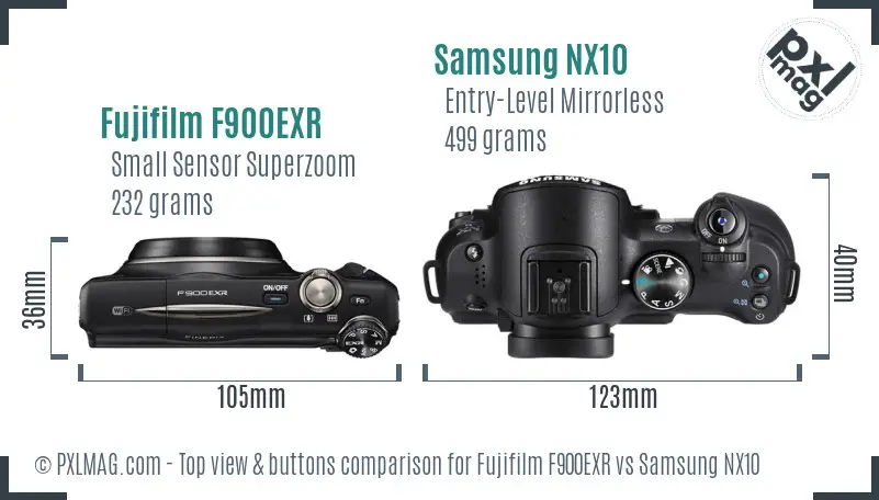 Fujifilm F900EXR vs Samsung NX10 top view buttons comparison Fujifilm F900EXR vs Samsung NX10 top view buttons comparison