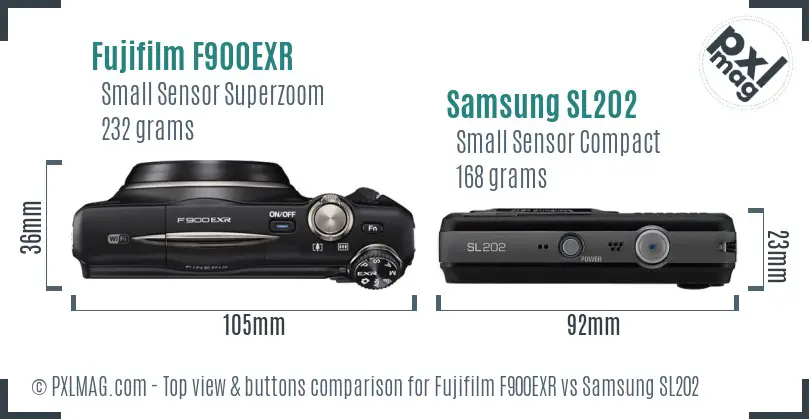 Fujifilm F900EXR vs Samsung SL202 top view buttons comparison