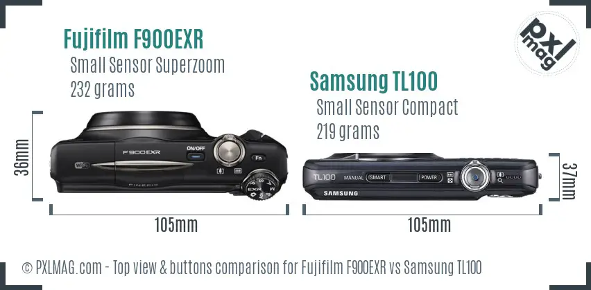 Fujifilm F900EXR vs Samsung TL100 top view buttons comparison Fujifilm F900EXR vs Samsung TL100 top view buttons comparison