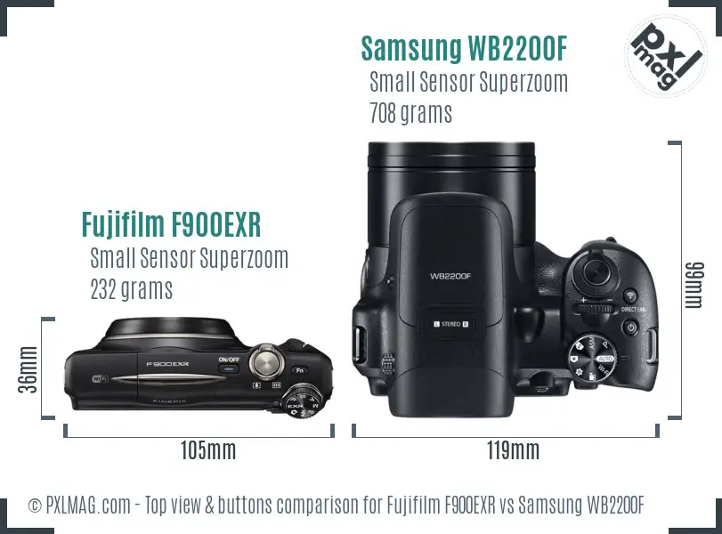 Fujifilm F900EXR vs Samsung WB2200F top view buttons comparison Fujifilm F900EXR vs Samsung WB2200F top view buttons comparison
