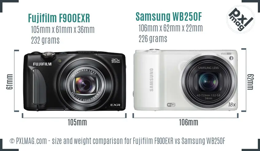 Fujifilm F900EXR vs Samsung WB250F size comparison Fujifilm F900EXR vs Samsung WB250F size comparison