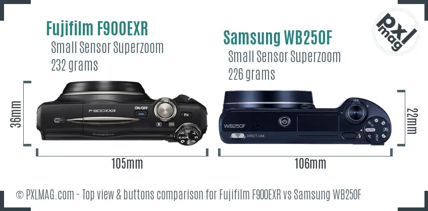Fujifilm F900EXR vs Samsung WB250F top view buttons comparison