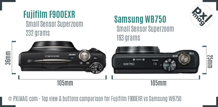 Fujifilm F900EXR vs Samsung WB750 top view buttons comparison