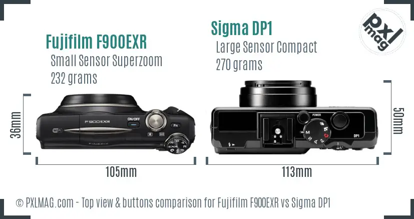 Fujifilm F900EXR vs Sigma DP1 top view buttons comparison Fujifilm F900EXR vs Sigma DP1 top view buttons comparison