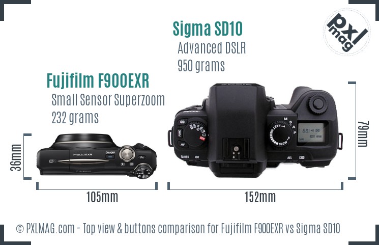 Fujifilm F900EXR vs Sigma SD10 top view buttons comparison