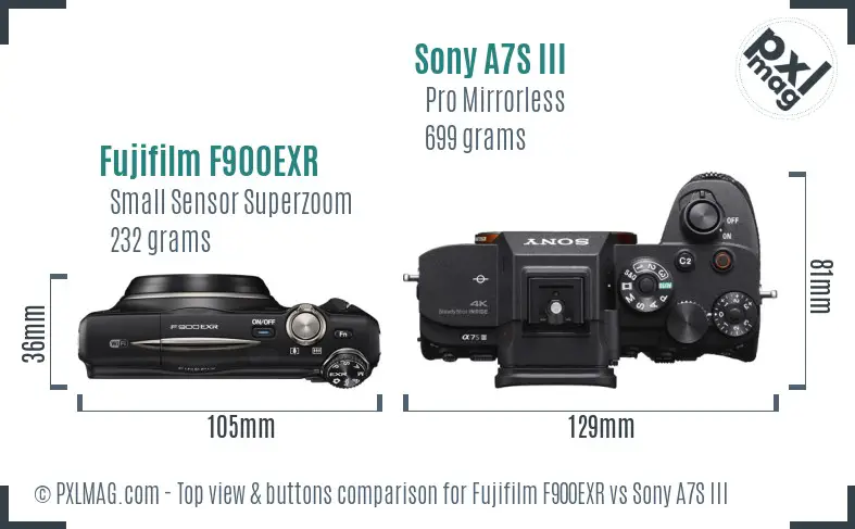 Fujifilm F900EXR vs Sony A7S III top view buttons comparison Fujifilm F900EXR vs Sony A7S III top view buttons comparison