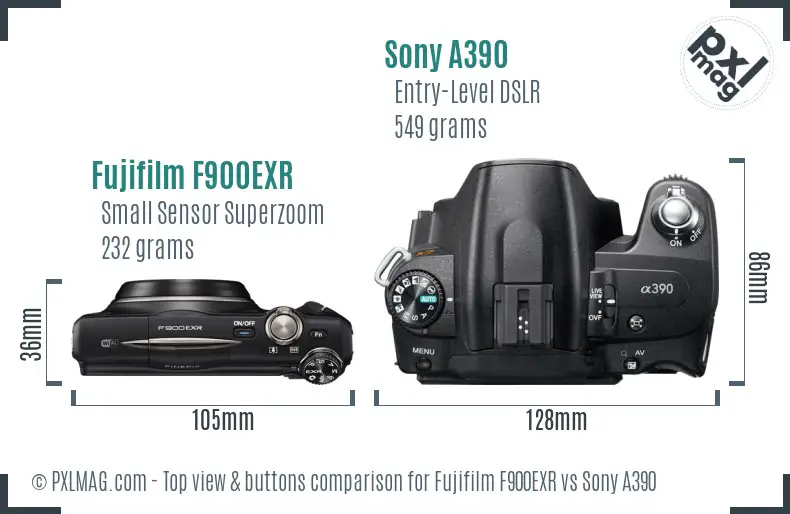 Fujifilm F900EXR vs Sony A390 top view buttons comparison