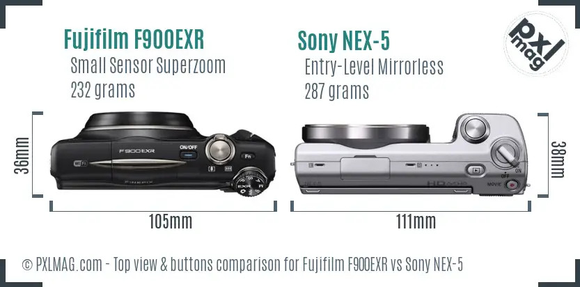 Fujifilm F900EXR vs Sony NEX-5 top view buttons comparison