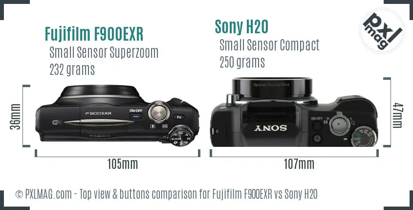 Fujifilm F900EXR vs Sony H20 top view buttons comparison
