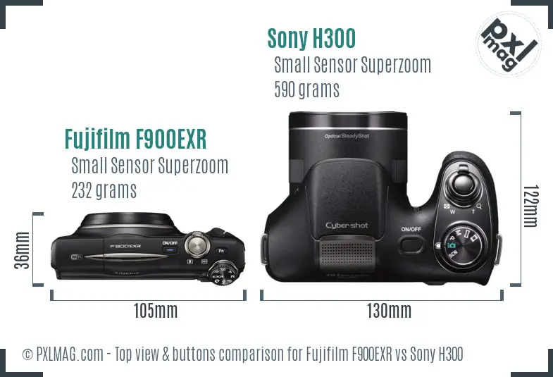 Fujifilm F900EXR vs Sony H300 top view buttons comparison Fujifilm F900EXR vs Sony H300 top view buttons comparison
