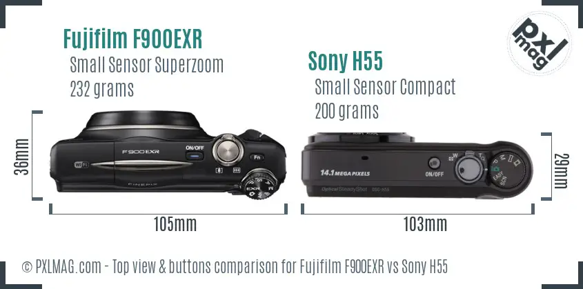 Fujifilm F900EXR vs Sony H55 top view buttons comparison Fujifilm F900EXR vs Sony H55 top view buttons comparison
