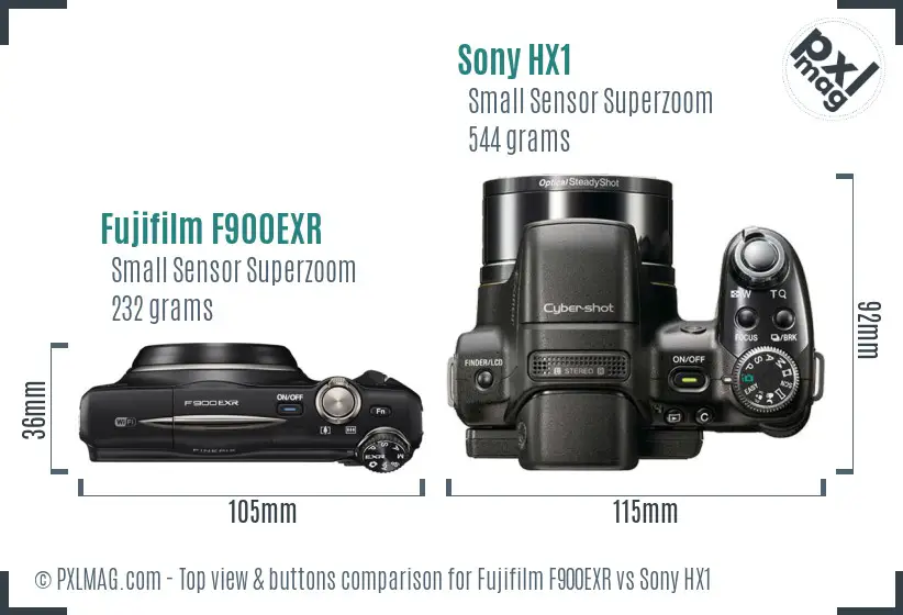 Fujifilm F900EXR vs Sony HX1 top view buttons comparison