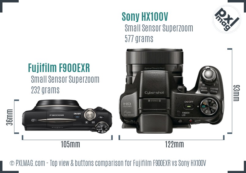 Fujifilm F900EXR vs Sony HX100V top view buttons comparison