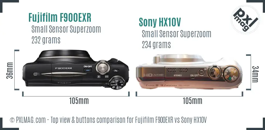 Fujifilm F900EXR vs Sony HX10V top view buttons comparison