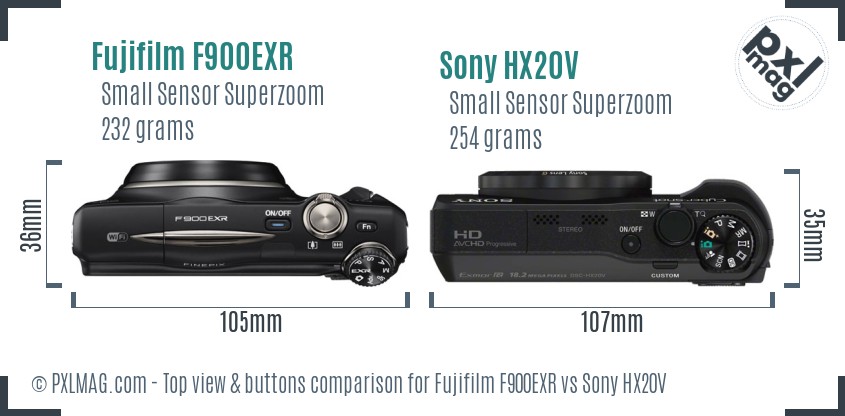 Fujifilm F900EXR vs Sony HX20V top view buttons comparison