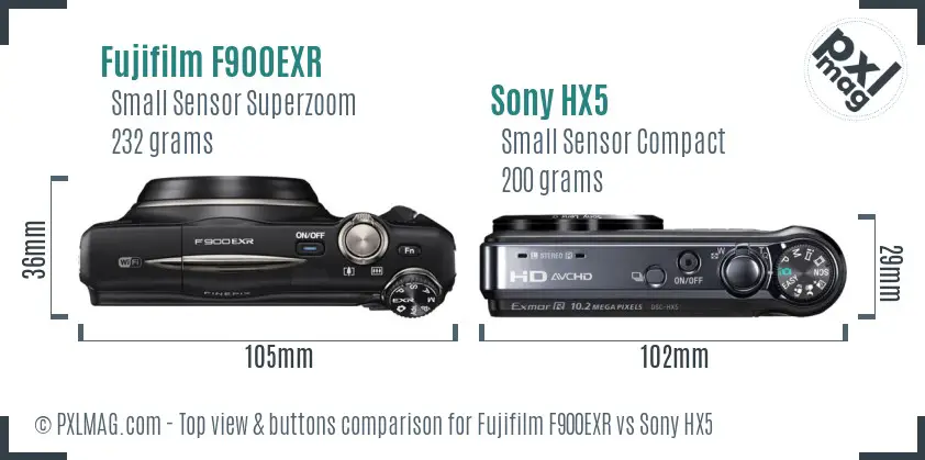 Fujifilm F900EXR vs Sony HX5 top view buttons comparison Fujifilm F900EXR vs Sony HX5 top view buttons comparison