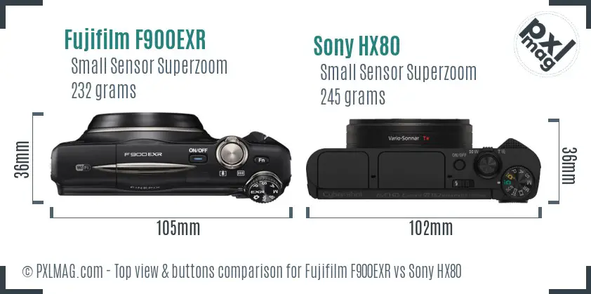 Fujifilm F900EXR vs Sony HX80 top view buttons comparison