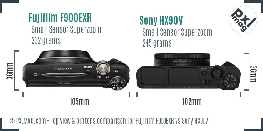 Fujifilm F900EXR vs Sony HX90V top view buttons comparison