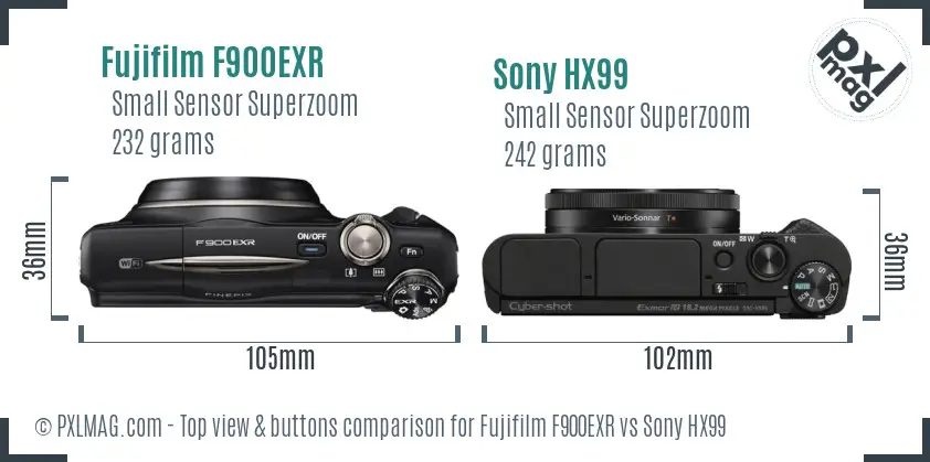 Fujifilm F900EXR vs Sony HX99 top view buttons comparison
