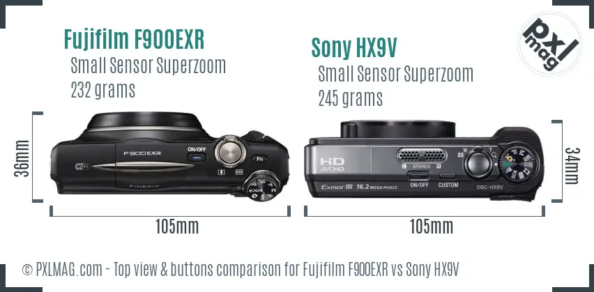 Fujifilm F900EXR vs Sony HX9V top view buttons comparison
