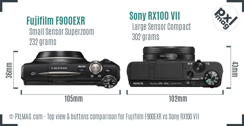 Fujifilm F900EXR vs Sony RX100 VII top view buttons comparison