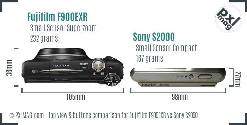 Fujifilm F900EXR vs Sony S2000 top view buttons comparison