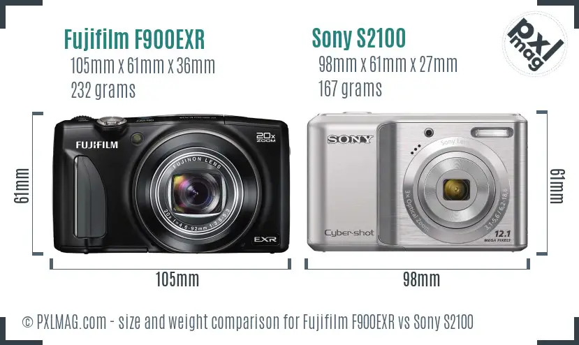 Fujifilm F900EXR vs Sony S2100 size comparison