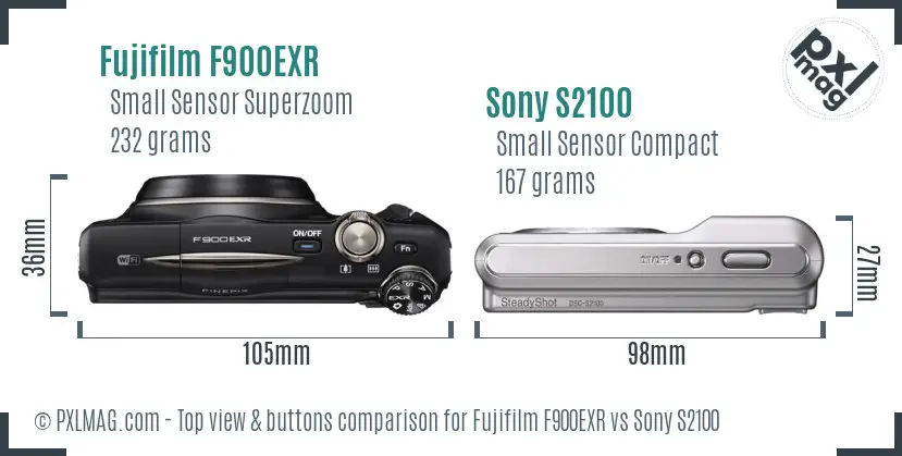 Fujifilm F900EXR vs Sony S2100 top view buttons comparison