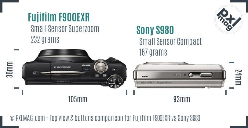 Fujifilm F900EXR vs Sony S980 top view buttons comparison