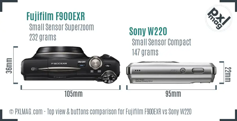 Fujifilm F900EXR vs Sony W220 top view buttons comparison