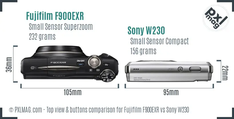 Fujifilm F900EXR vs Sony W230 top view buttons comparison